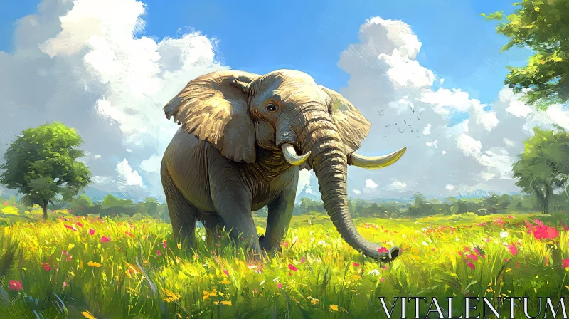 Elephant in Blooming Landscape AI Image