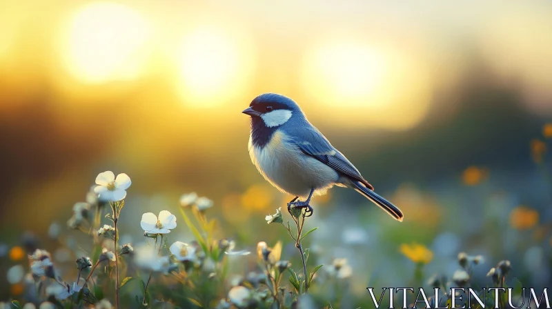 Small Bird Among Wildflowers at Sunset AI Image