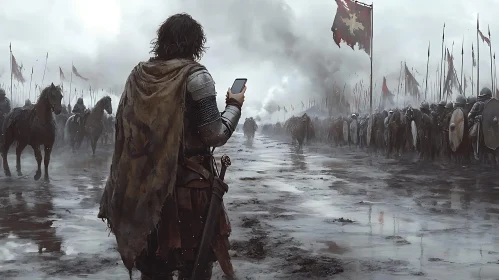 Anachronistic Warrior with Smartphone on Battlefield