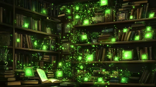 Mystical Bookshelf with Emerald Illumination