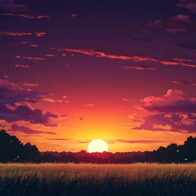 Sunset Landscape with Field and Trees