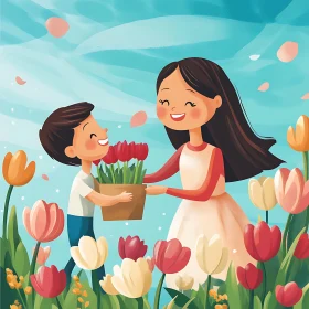 Child Giving Flowers to Mother Illustration