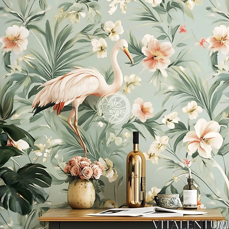 Sophisticated Interior with Flamingo and Florals AI Image