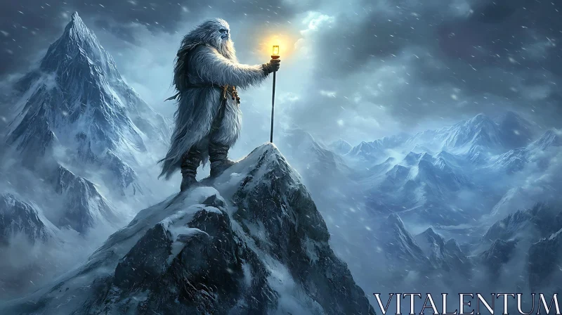 AI ART Snowy Mountain Guardian with Torch