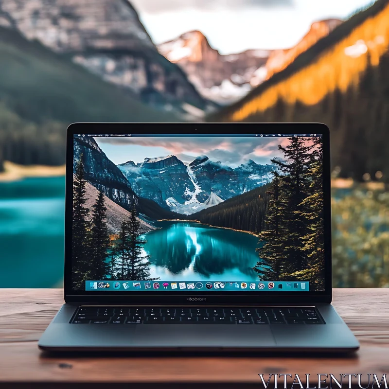 Scenic Mountain Lake on Laptop Screen AI Image