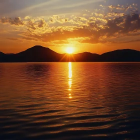 Peaceful Lake Sunset with Mountain View