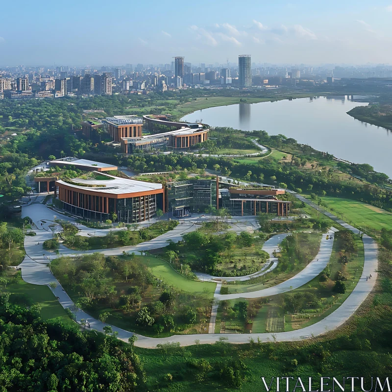 Contemporary Campus Buildings Amidst Lush Greenery AI Image