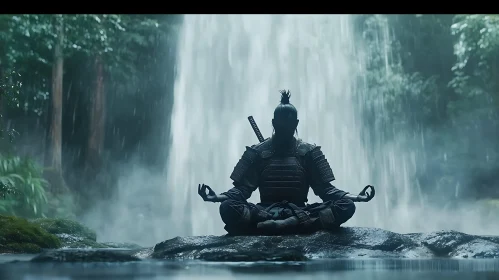 Meditative Warrior at Waterfall's Base