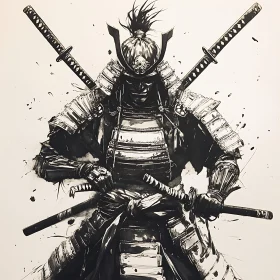 Monochrome Samurai Warrior with Dual Katanas