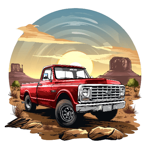 POD Design Classic Red Pickup Truck Parked in Desert at Sunset