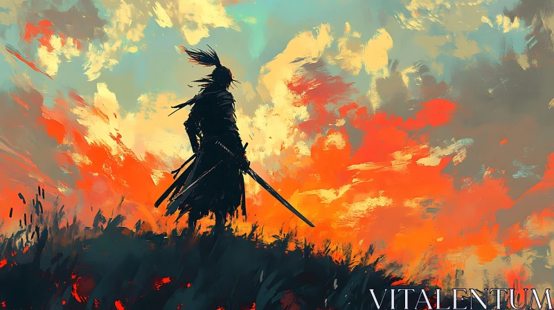 AI ART Silhouette of a Warrior Against Sunset