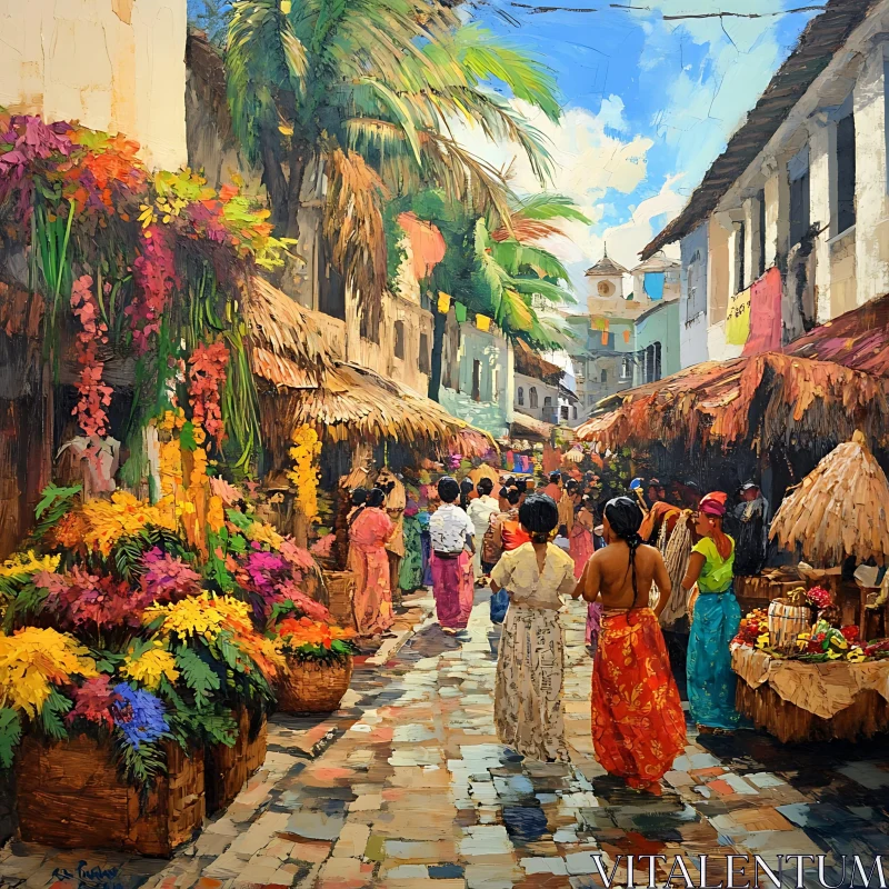 AI ART Colorful Street Market with Flowers