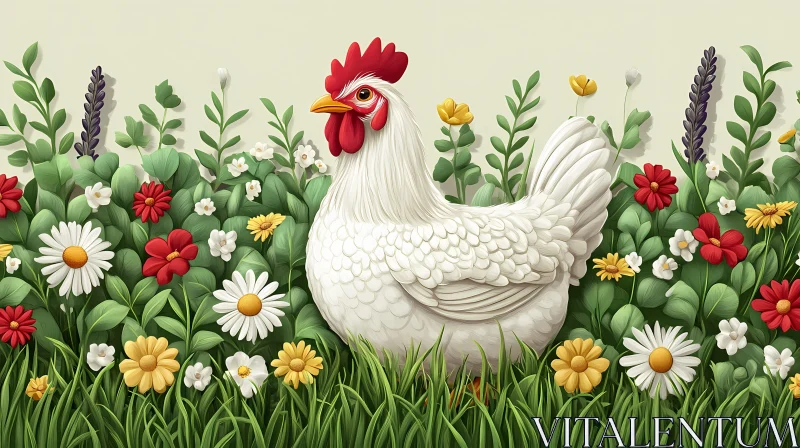 AI ART Chicken and Flowers Illustration