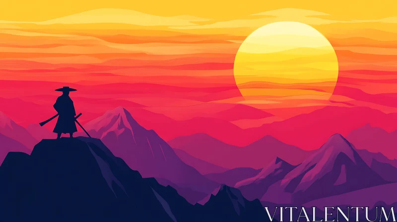 AI ART Mountain Sunset Silhouette of a Warrior