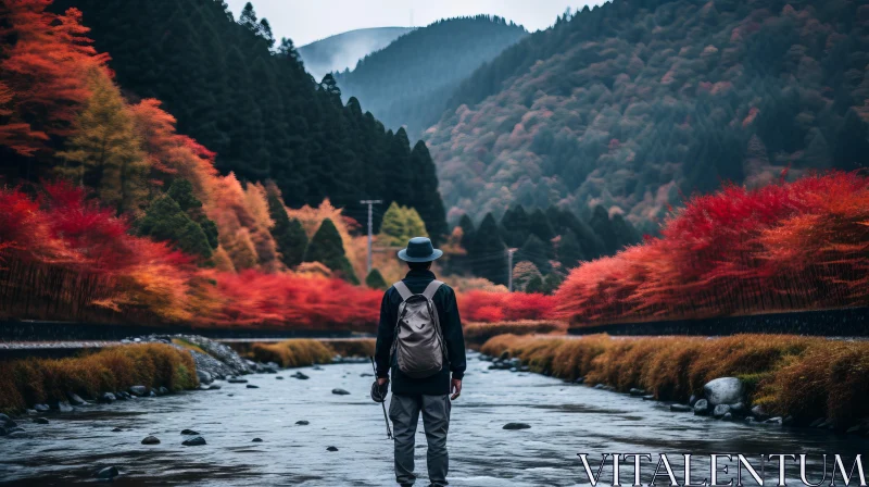 Enchanting Journey: A Man Walking Through a River with Red Trees AI Image
