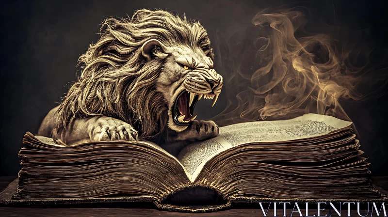 Fierce Lion and Old Book AI Image