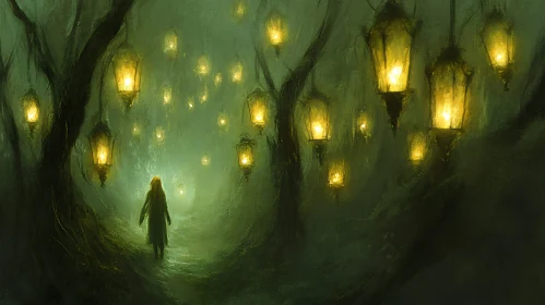 Lantern Lit Forest Journey Painting