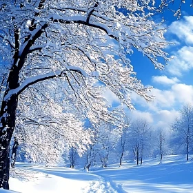Snowy Winter Trees and Path Under Blue Sky