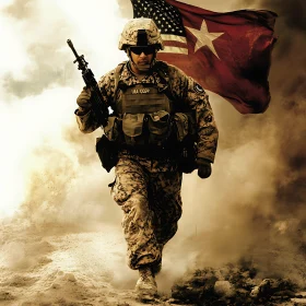 Soldier with Rifle and American Flag