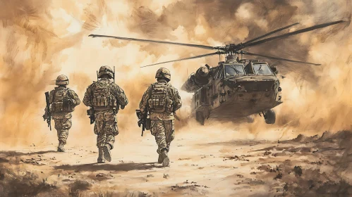 Troops and Helicopter in Sandy Landscape