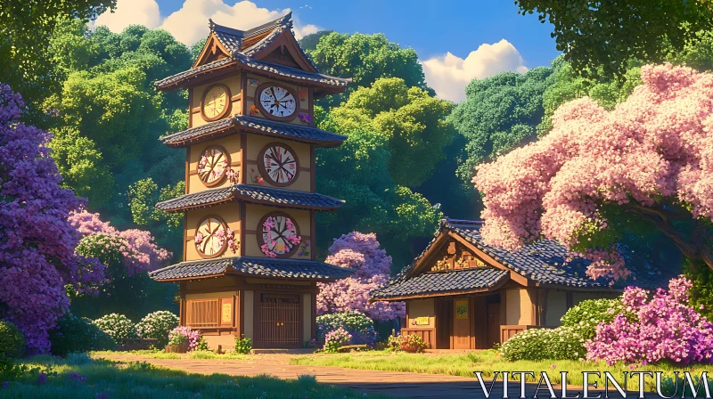 AI ART Picturesque Clock Tower in Blooming Nature