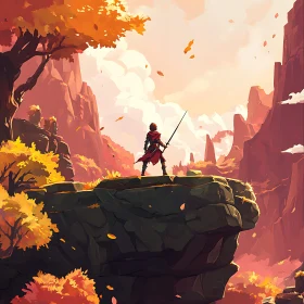 Cliffside Warrior: A Fantasy Autumn Scene