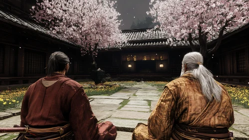 Contemplation at Temple with Blooming Cherry Trees