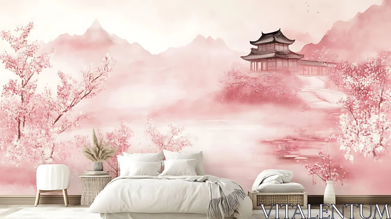 AI ART Oriental Pink Landscape with Temple