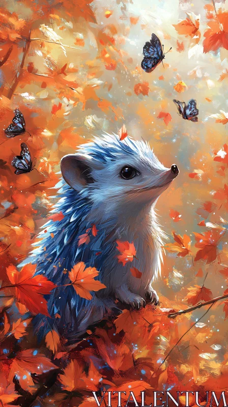 Autumn Hedgehog with Blue Butterflies AI Image