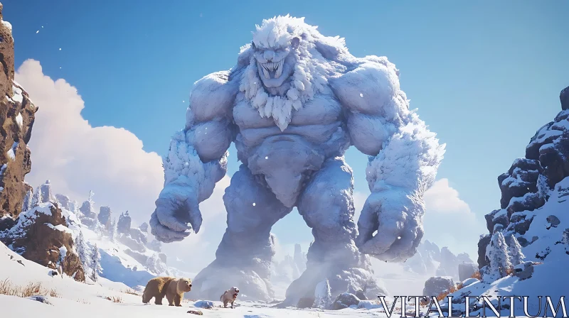 Colossal Snow Creature in Winter Landscape AI Image