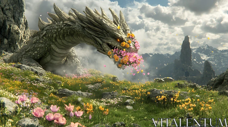 AI ART Stone Dragon with Flowers