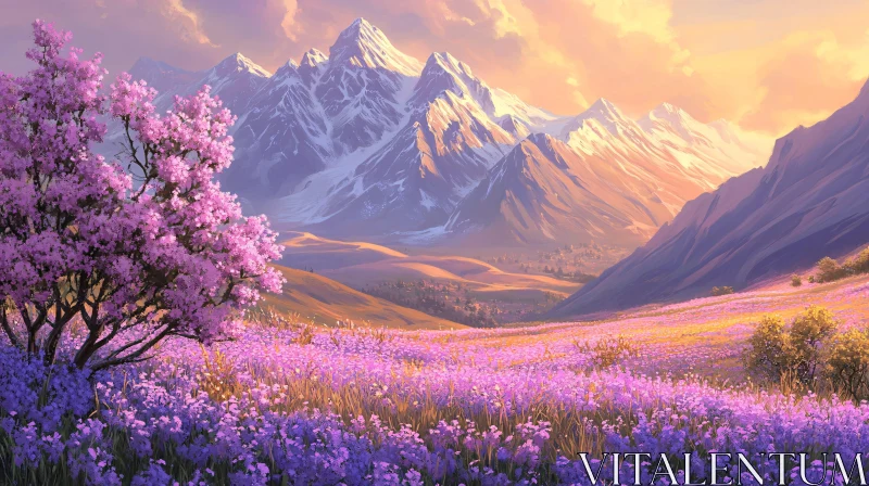 AI ART Sunlit Snow-Capped Peaks and Vibrant Floral Meadow