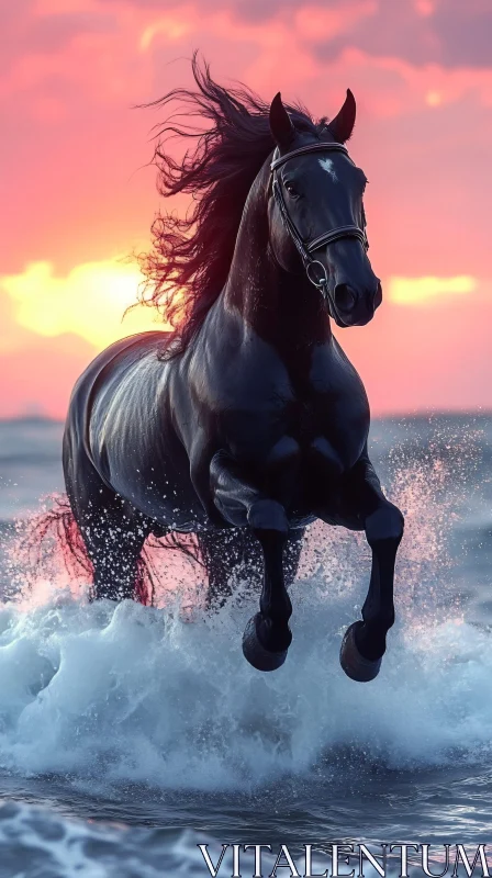 Powerful Equine in Ocean Sunset AI Image