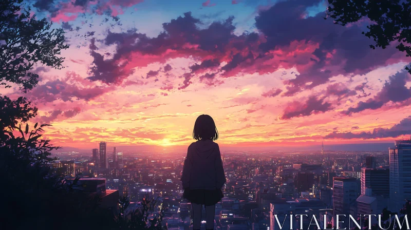 Anime Girl Watching Sunset Over the City AI Image