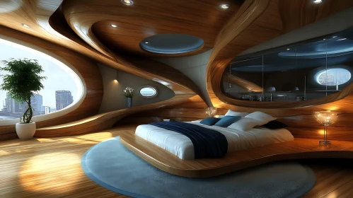 Contemporary Bedroom with Curved Wooden Shapes and City View