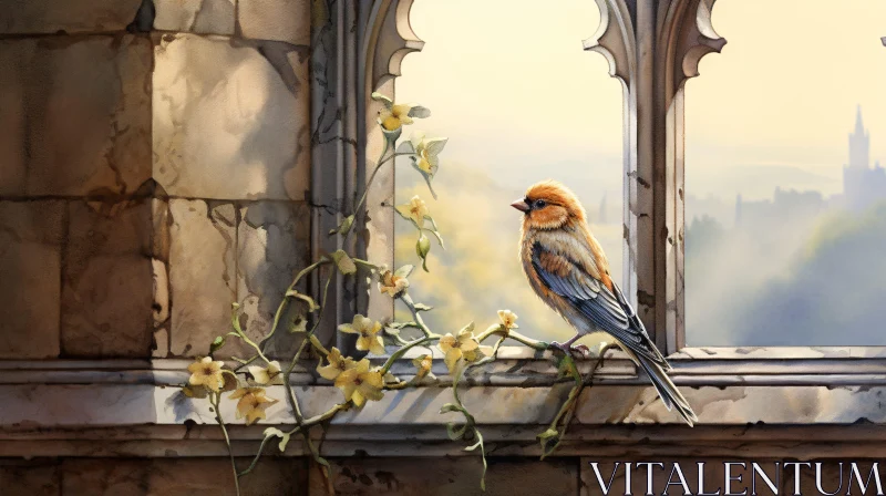 AI ART Vintage Bird with Flowers at Window