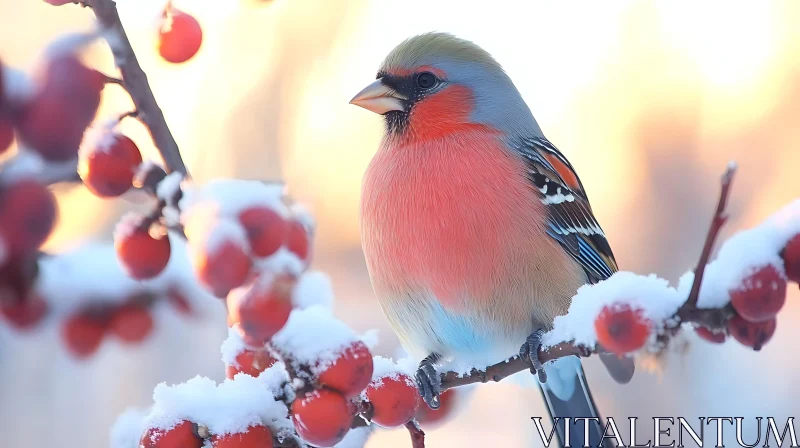 Snowy Bird with Red Berries AI Image