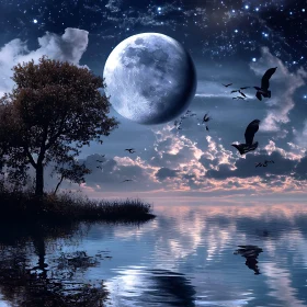 Peaceful Night Scene with Moon and Birds