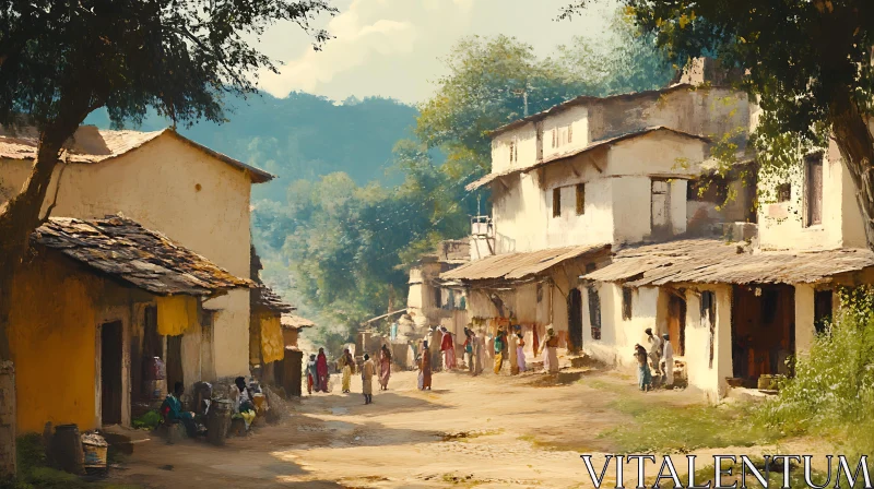 Tranquil Village Life in Earthy Hues AI Image