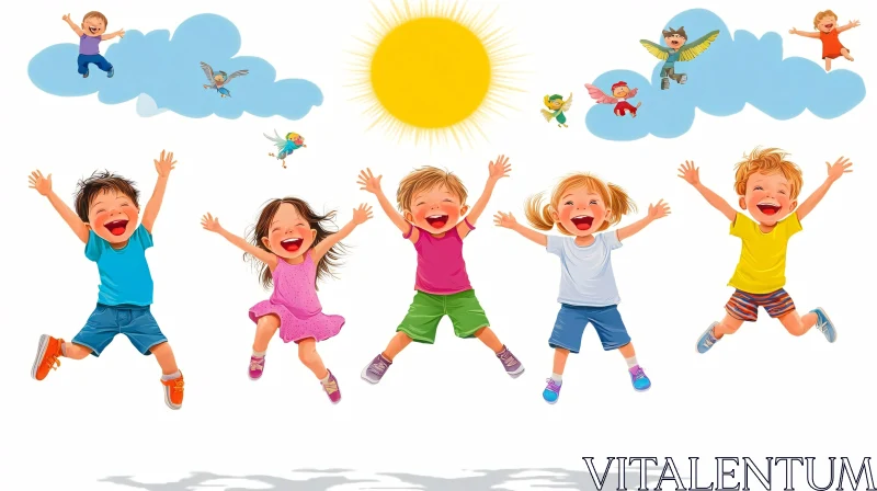 Kids Jumping with Joy Illustration AI Image