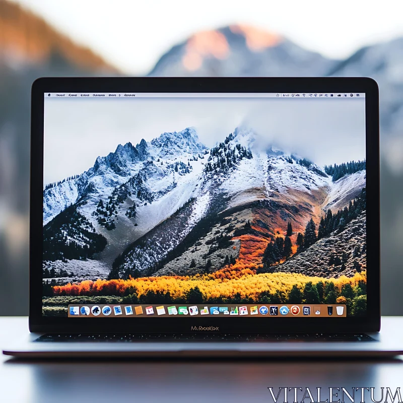 Snowy Mountain Peaks on Laptop Screen with Autumn Trees AI Image