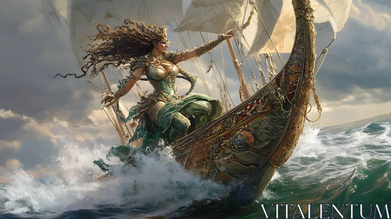 Fantasy Goddess Sailing a Ship AI Image