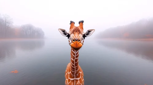 Giraffe and Misty Lake Reflection