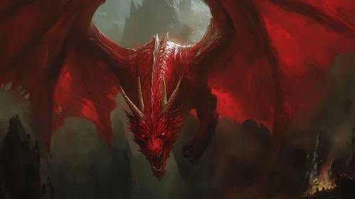 Crimson Dragon's Descent: A Fantasy Scene
