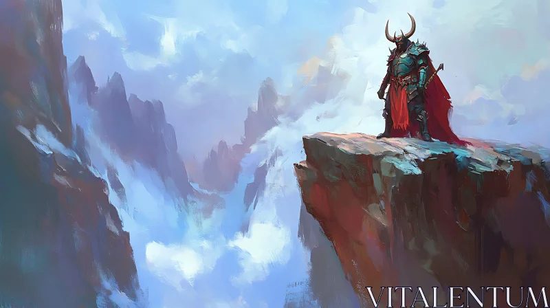 Armored Warrior Overlooking Misty Mountains AI Image