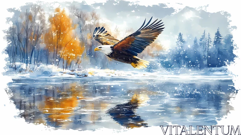 Eagle in Winter Watercolor Painting AI Image