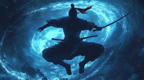 Silhouette Ninja with Katana in Galaxy