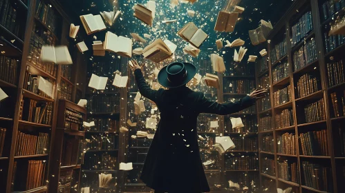 Mystical Library Scene with Floating Books