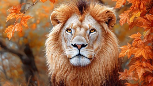 Regal Lion in Autumn Leaves
