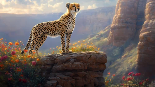 Cheetah Amidst Wildflowers and Cliffs